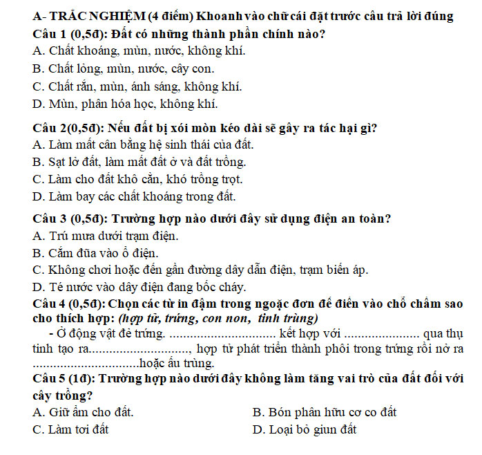 Đề thi môn Khoa học lớp 5 cuối kì I